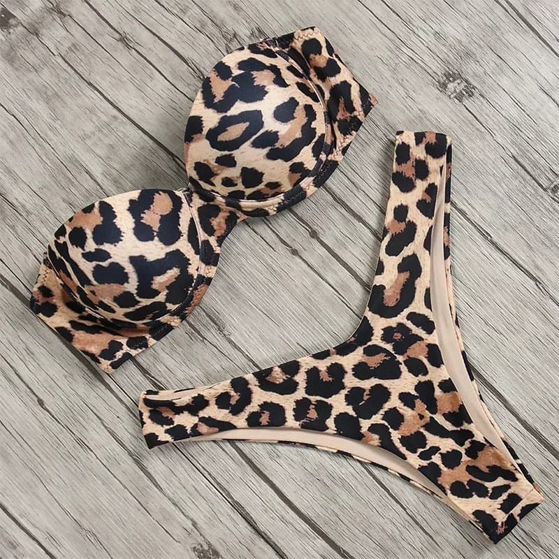 Dámský push-up bikinový set, dvoudílné plavky s nízkým pasem a leopardím potiskem, plážové oblečení