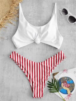 Bikiny set bez ramínek s vysokým pasem - dvoudílné plavky s push-up podrážkou pro ženy, plážové plavky - náhled 2