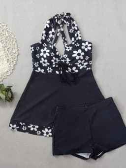 Dámský set bikin s vysokým pasem, černý květinový potisk, crop top s mašlí vpředu, tankiny - náhled 4