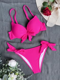 Dvoudílné plavky s push-up bikinami a motýlkem vpředu, jednobarevné - náhled 6