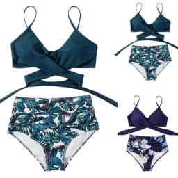 Plážové bikiny s květinovým potiskem a vysokým pasem, dvoudílné plavky s kříženým předním dílem pro ženy, dospívající - náhled 3