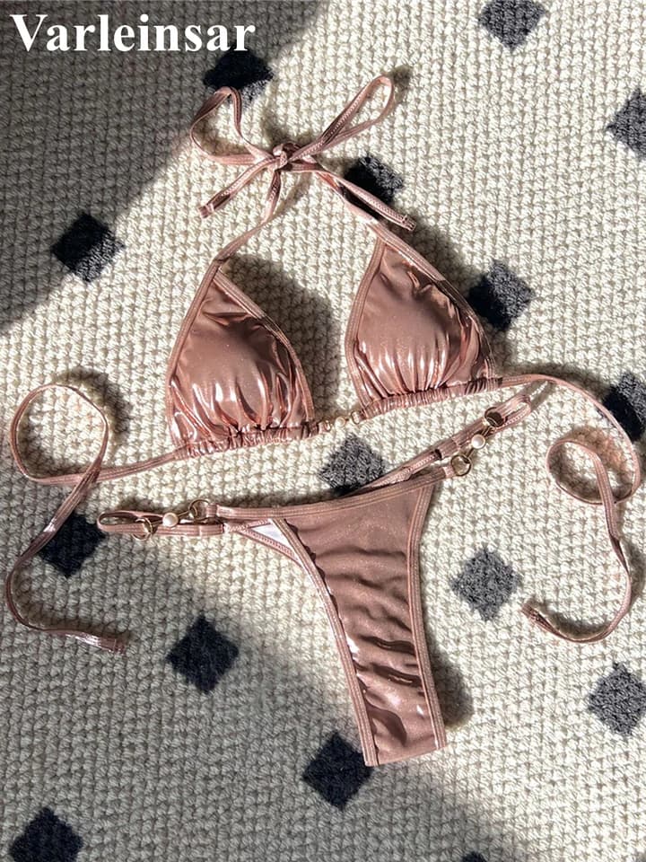 Dámské dvoudílné plavky s ramínky na ramínka, mini bikiny z umělé kůže, tanga, plavky