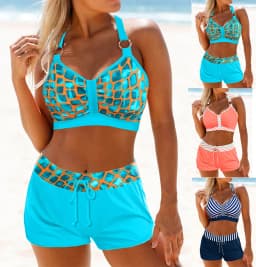 Dámské dvoudílné bikiny, plavky se zlatým kostkovaným potiskem, šněrovací plážové šaty, velikost S-6XL, letní - náhled 2