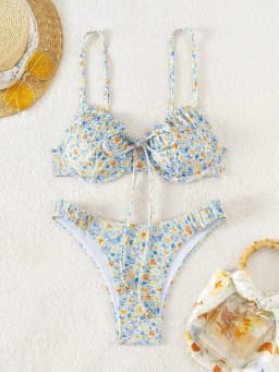 Dámské plavky s květinovým vzorem, push-up bikiny, dvoudílný set, tanga, plážové oblečení - náhled 5