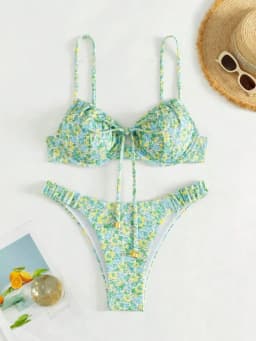 Dámské plavky s květinovým vzorem, push-up bikiny, dvoudílný set, tanga, plážové oblečení - náhled 2