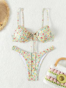 Dámské plavky s květinovým vzorem, push-up bikiny, dvoudílný set, tanga, plážové oblečení - náhled 6
