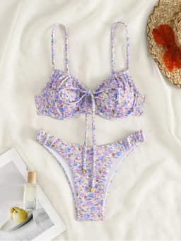 Dámské plavky s květinovým vzorem, push-up bikiny, dvoudílný set, tanga, plážové oblečení - náhled 4