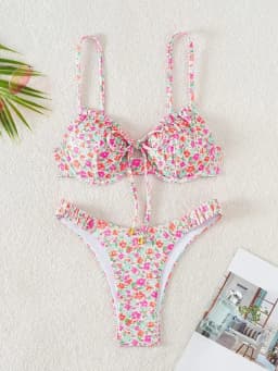 Dámské plavky s květinovým vzorem, push-up bikiny, dvoudílný set, tanga, plážové oblečení - náhled 3