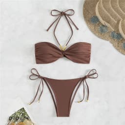 Dámské sexy plavky s hnědým string halterem a bandeau bikinami - náhled 2