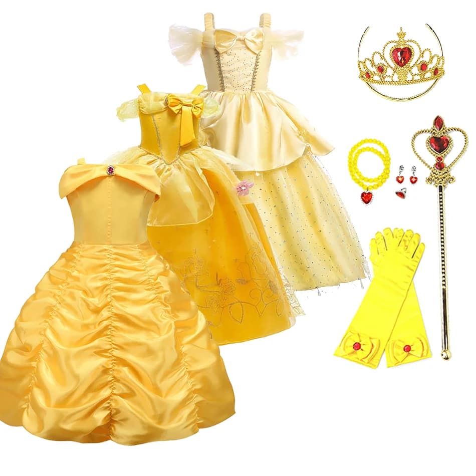 Dívčí kostým princezny Belle, žluté párty, maškarní kostým, halloween, narozeninový kostým