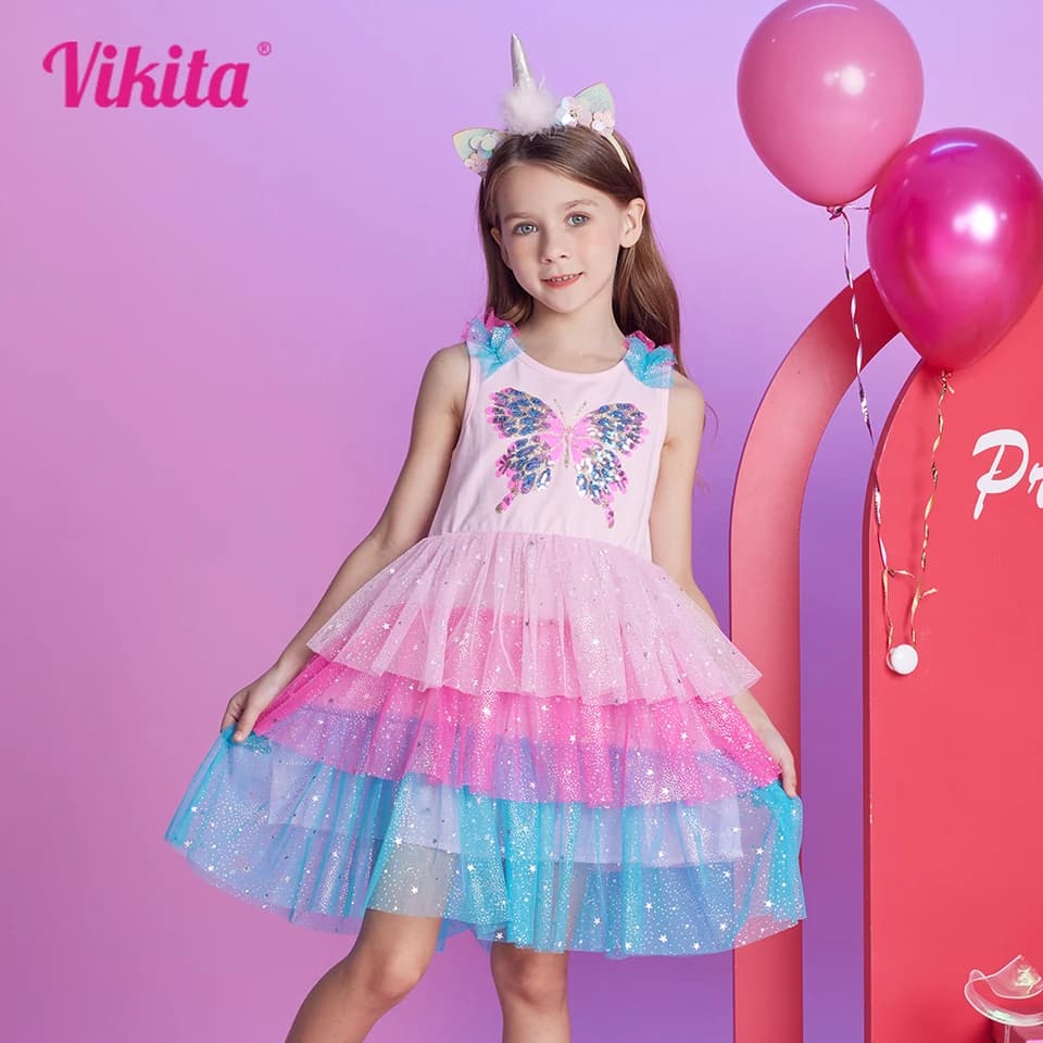 Dívčí tylové princeznovské šaty s motýlími flitry, letní bezrukávové tutu plesové šaty pro dívky věk 3-12 let