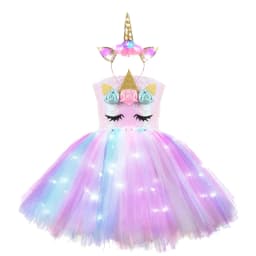 Dívčí duhové tutu šaty s jednorožcem a LED diodami - dětský narozeninový halloweenský kostým s flitry - náhled 4