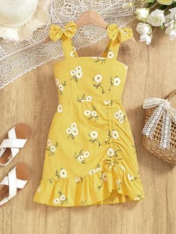 Dívčí červenobílé kostkované letní šaty s květinovými volánky - dětský prázdninový outfit pro věk 4-7 let - náhled 4
