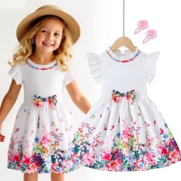 Dívčí letní květinové šaty s bílou mašlí a krátkým rukávem, ležérní dětské oblečení pro každodenní outfit - náhled 2