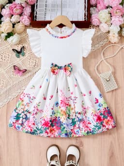 Dívčí letní květinové šaty s bílou mašlí a krátkým rukávem, ležérní dětské oblečení pro každodenní outfit - náhled 3