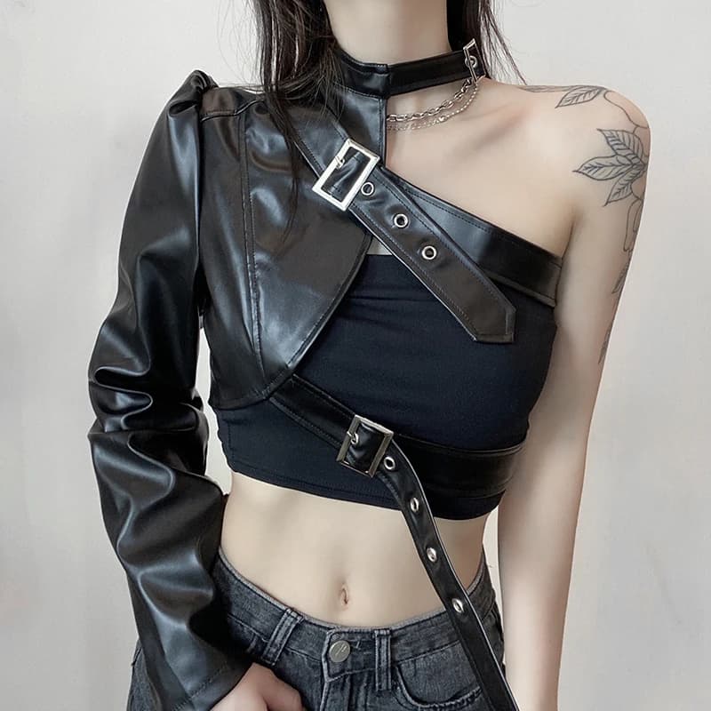 Dámský punkový crop top s detailem pásku - bunda s dlouhým rukávem, streetwear, módní styl