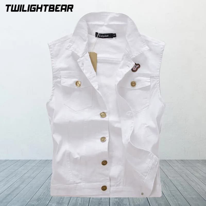 Pánská volná džínová vesta, bílá, opotřebovaná, bez rukávů, ležérní, streetwear, plus velikost 4XL