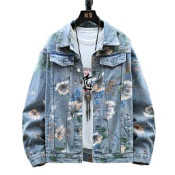 Pánská vintage květinová džínová bunda s dlouhým rukávem, bomber, volný střih - náhled 6