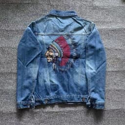 Pánská vyšívaná džínová bunda, roztrhaný slim fit, retro modrá, streetwear, ležérní motocyklový kabát - náhled 5