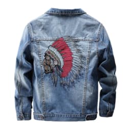Pánská vyšívaná džínová bunda, roztrhaný slim fit, retro modrá, streetwear, ležérní motocyklový kabát - náhled 2