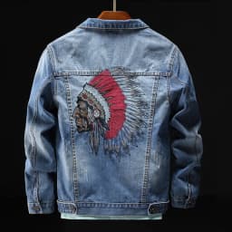 Pánská vyšívaná džínová bunda, roztrhaný slim fit, retro modrá, streetwear, ležérní motocyklový kabát - náhled 3