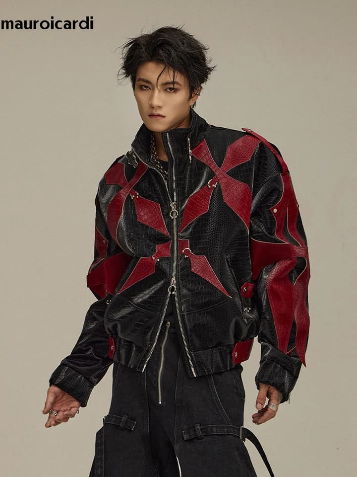 Pánská kožená bunda s krokodýlím potiskem - barevné bloky, patchwork, jaro, podzim, svrchní oblečení