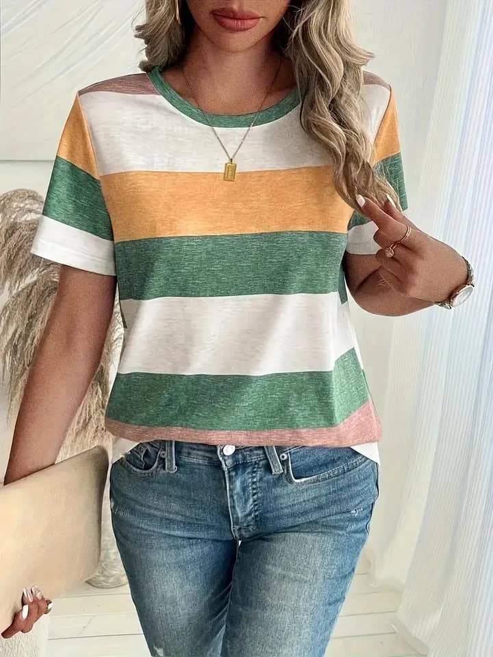 Dámské pruhované tričko, letní ležérní, krátký rukáv, kulatý výstřih, bavlněné tričko, nadměrný střih