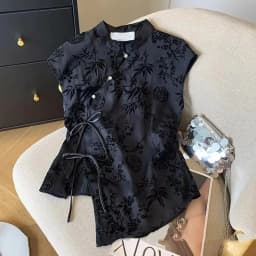 Dámský černý žakárový top Cheongsam - letní košile s krátkým rukávem v retro čínském stylu - náhled 2