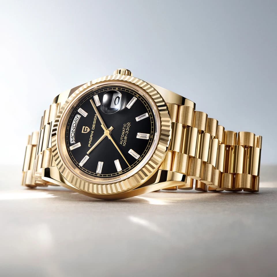 Luxusní zlaté automatické mechanické hodinky pro muže, vodotěsné 100M, safírové sklo