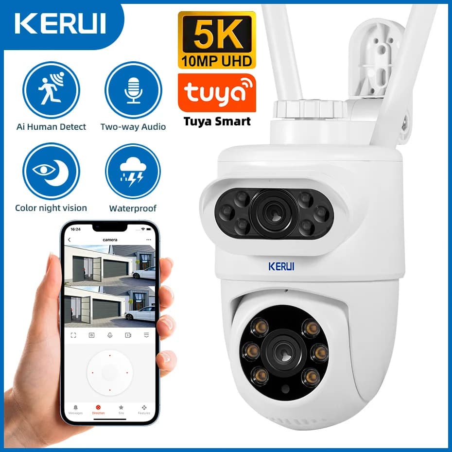 10MP 5K HD Duální objektiv WiFi Bezpečnostní kamera Venkovní PTZ Bezdrátová CCTV Detekce osob