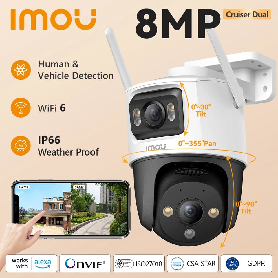 8MP venkovní bezpečnostní kamera s dvojitým objektivem, detekcí osob a vozidel s umělou inteligencí, IP dohled, PTZ