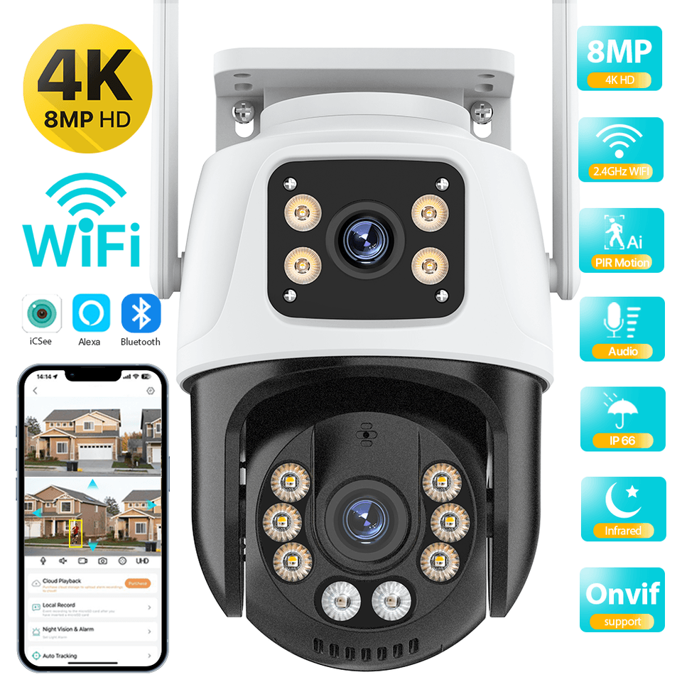 4K bezdrátová bezpečnostní kamera, 360°, duální objektiv, venkovní, IP66, WiFi, PTZ, detekce osob, 8MP
