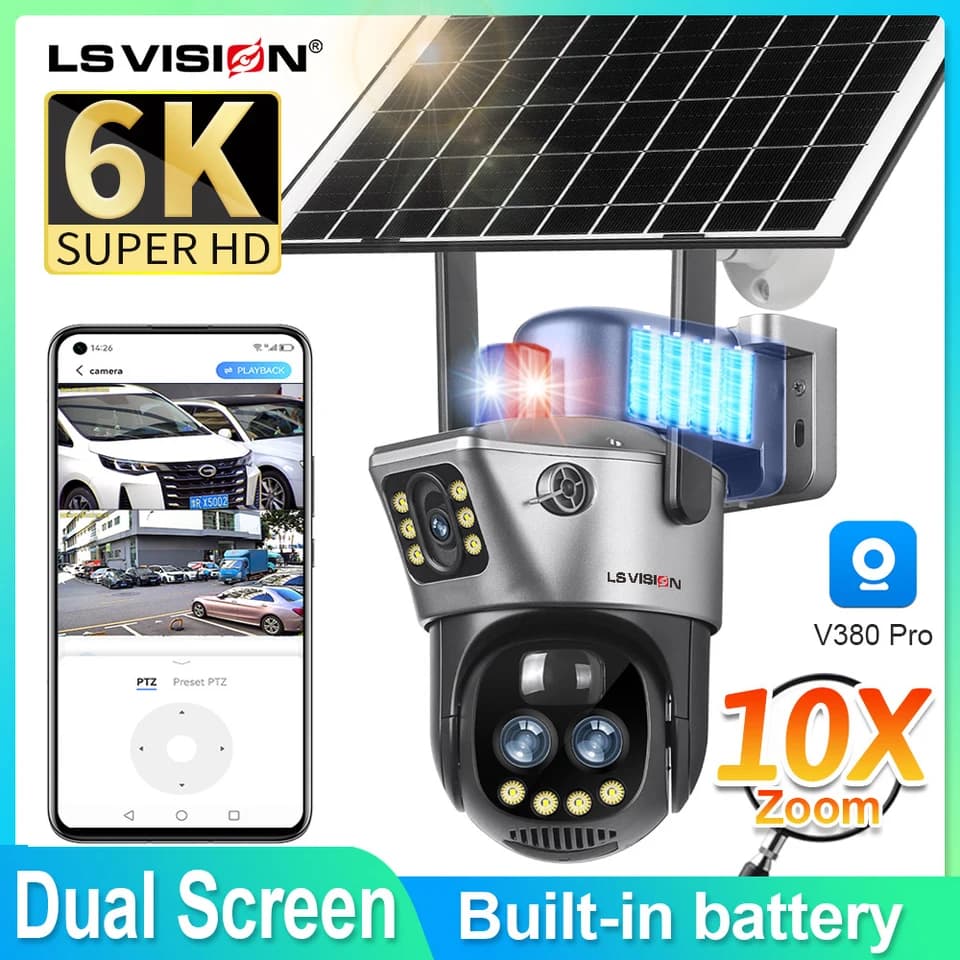 Solární 4K bezpečnostní kamera s dvojitým objektivem, WiFi 4G, 10x zoom, PIR detekce pohybu, noční vidění, 8MP CCTV