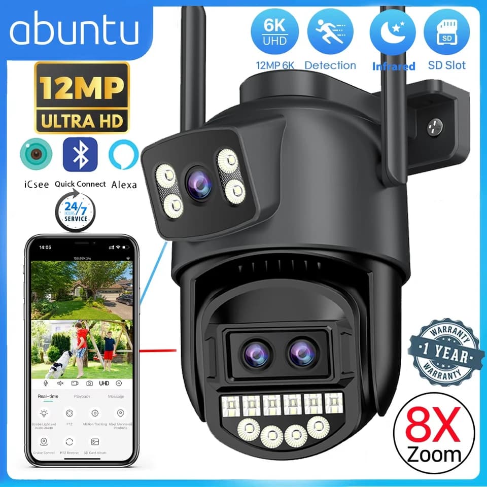 12MP 6K PTZ WiFi bezpečnostní kamera 8X zoom venkovní noční vidění duální obrazovka IP CCTV dohled