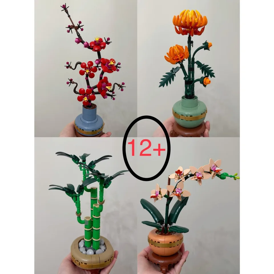 Sada květinových stavebních bloků - DIY orchidej, bambus, chryzantéma, švestkový květ, kytice hraček