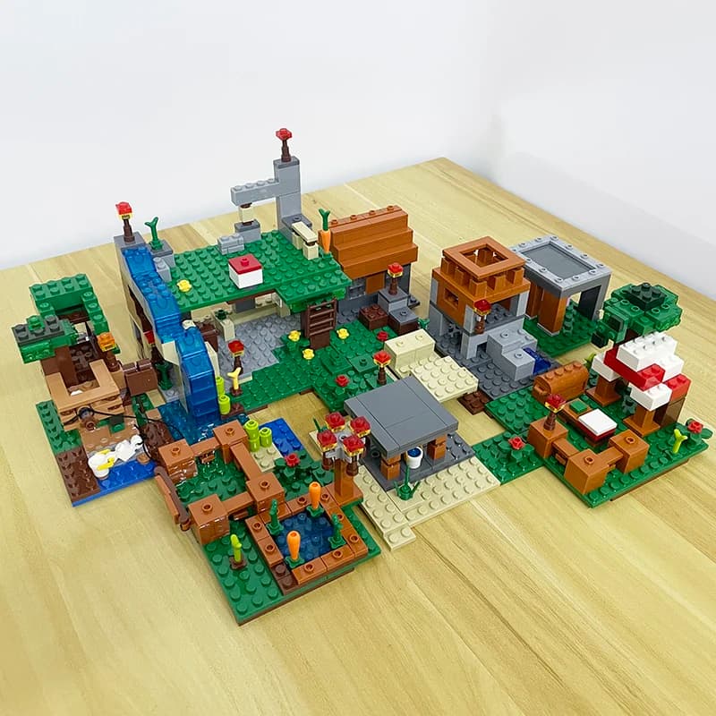 Stavební bloky, akční figurky, sada - jeskynní důl, vesnice, farma, hračky pro děti, dárek pro děti