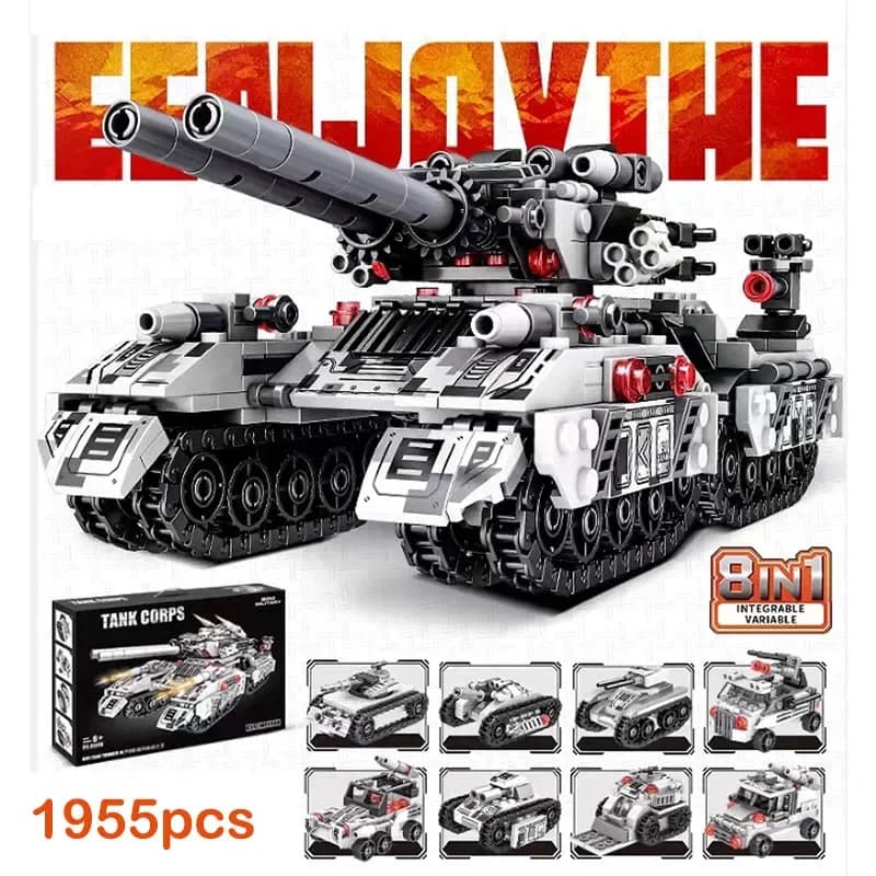Stavební bloky, vojenské tankové vozidlo z 2. světové války, sada 8 v 1, stavebnice, hračky pro děti a dospělé, DIY