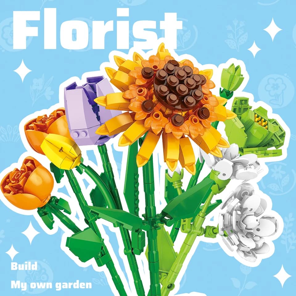 Barevná květinová sada stavebních bloků - dětská stolní montážní hračka, domácí dekorace, vzdělávací dárek