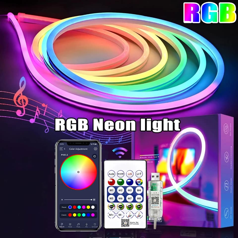 USB RGB neonový pásek, vodotěsný, flexibilní LED pásek s Bluetooth dálkovým ovládáním, bytová dekorace 1M-5M