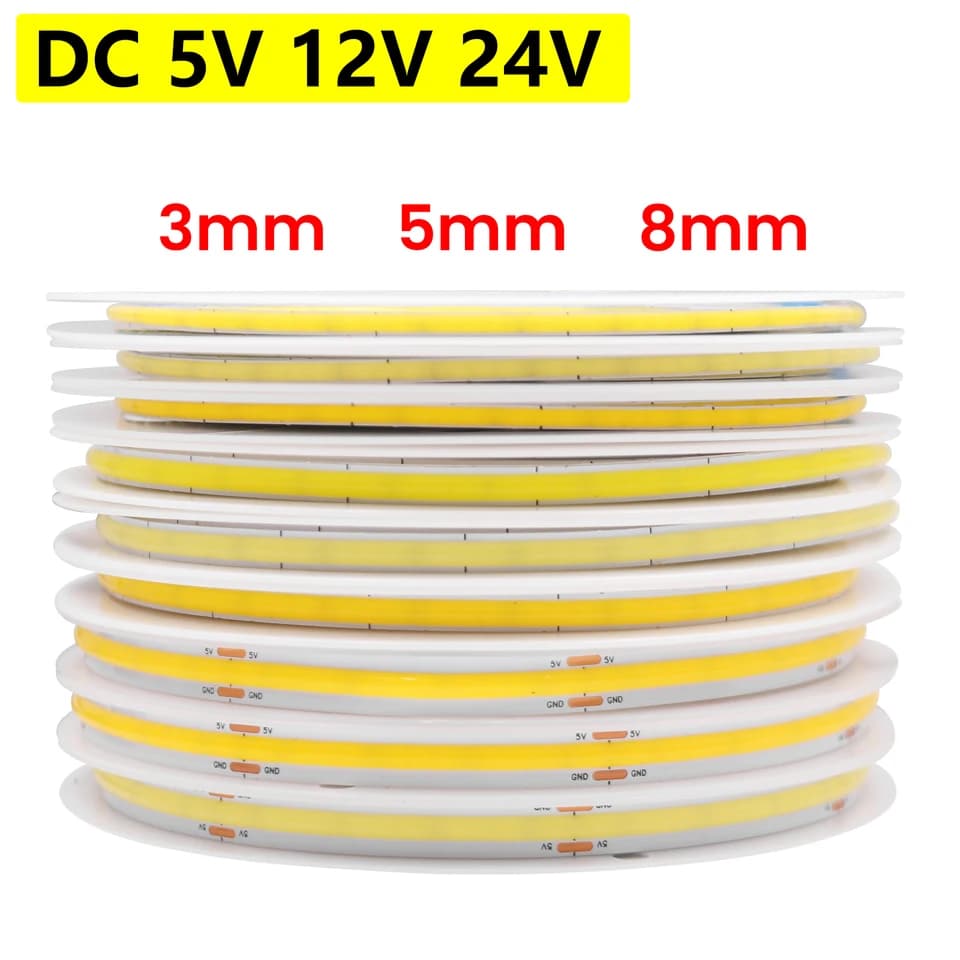 Vysokohustotní COB LED páska 5V 12V 24V Flexibilní páska 320-528 LED/m Lineární osvětlení