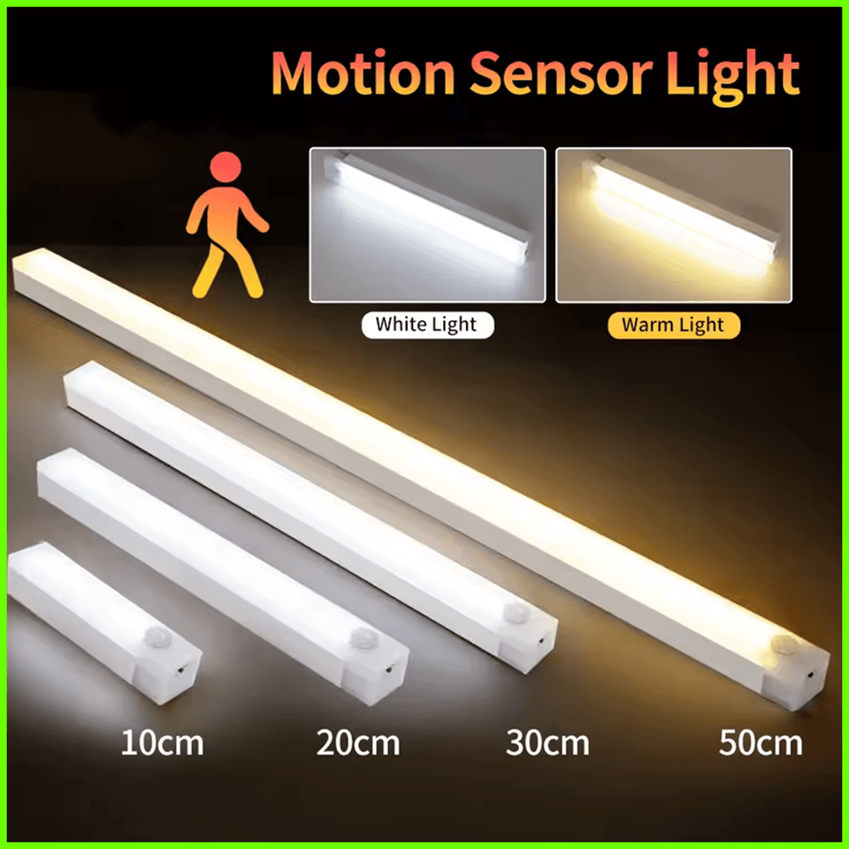 LED noční světlo pod skříňku s pohybovým senzorem, dobíjecí bezdrátové, 10–50 cm