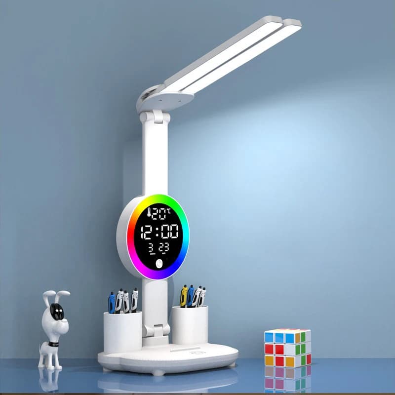 LED stolní lampa s ventilátorem a hodinami - dobíjecí stolní světlo pro studium, čtení, noční světlo