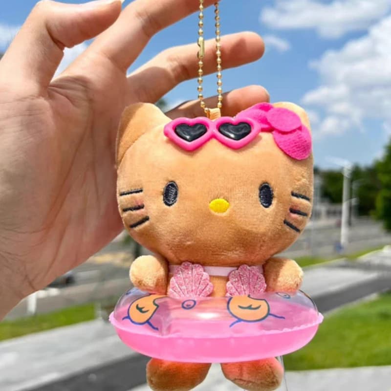 Kawaii černá kočka plyšová klíčenka s plaveckým kroužkem - měkký plněný přívěsek na klíče s přívěskem dárek