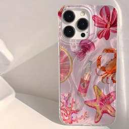 Ochranný kryt pro iPhone 17, 16, 15, 14, 13, 12, 11 Pro, růžový, se srdíčkem, hvězdičkou, korálem a medúzou - náhled 2