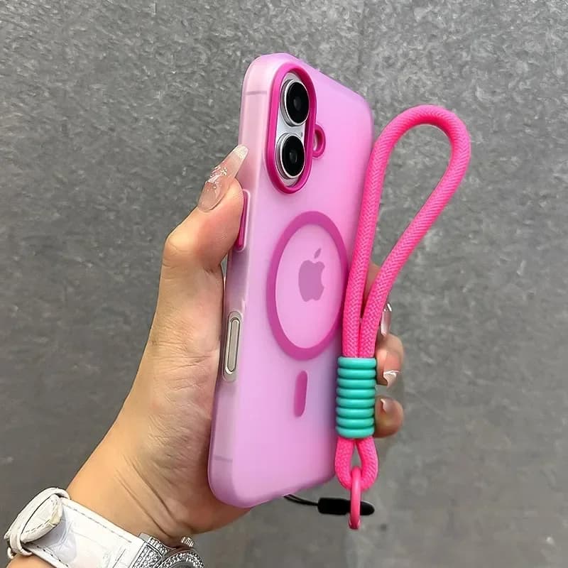 Pouzdro pro iPhone 16 15 14 Pro Max v barvě cukrovinek s poutkem na zápěstí, magnetické, měkké TPU