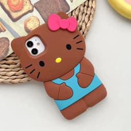 Silikonový kryt s 3D kreslenou kočkou a mašlí pro iPhone 15 14 13 12 11 Pro Max XR XS, ochrana proti pádu - náhled 3