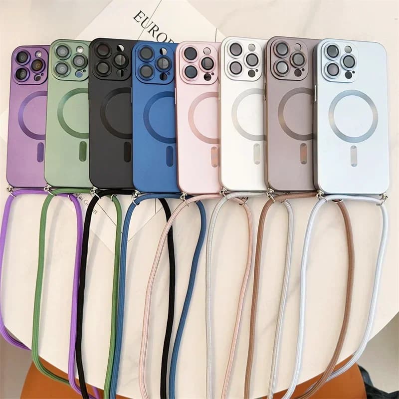 Magnetický crossbody kryt na telefon se šňůrkou - měkký kryt s ochranou fotoaparátu pro modely iPhone
