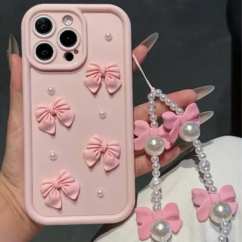 Silikonový kryt na telefon s 3D perlou a mašlí a šňůrkou pro iPhone 16 15 14 13 12 11 Pro Max Soft Cover