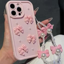 Silikonový kryt na telefon s 3D perlou a mašlí a šňůrkou pro iPhone 16 15 14 13 12 11 Pro Max Soft Cover - náhled 6