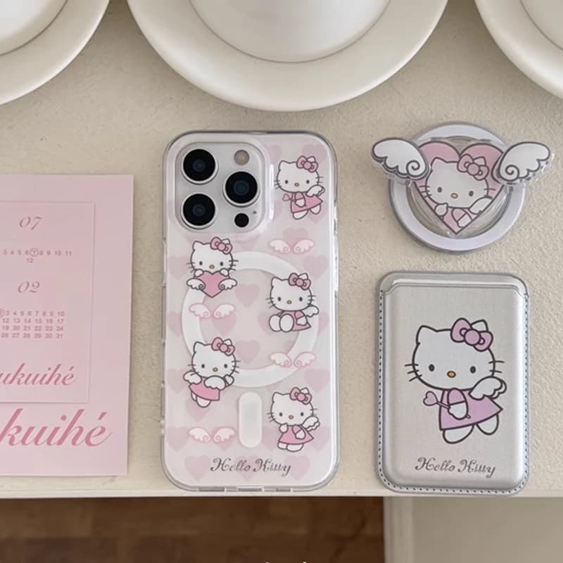 Růžový andělský klobouk Hello Kitty MagSafe kryt na telefon iPhone 16 15 14 13 12 11 Pro Max Kawaii kryt Y2K